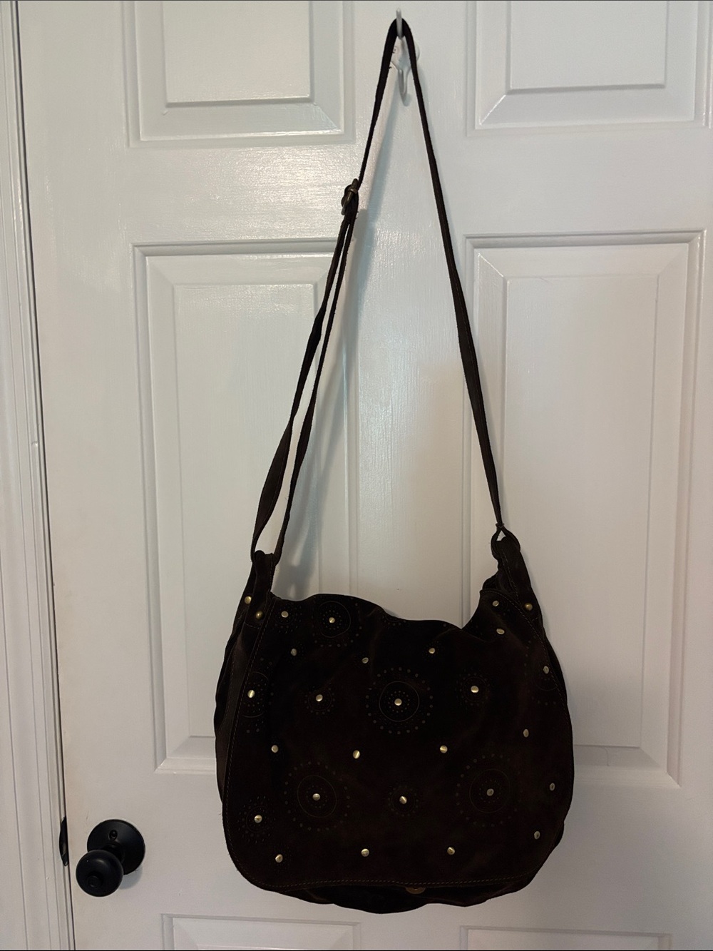 Pulicati Dark Brown Suede Shoulder Bag with Stud Embellishments